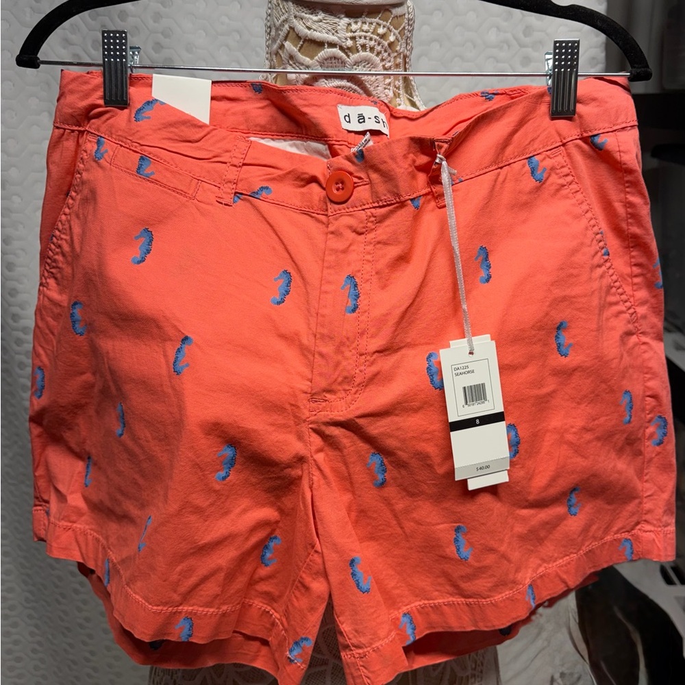 NWT Coral Shorts with Blue Embroidery seahorses Womans size 8